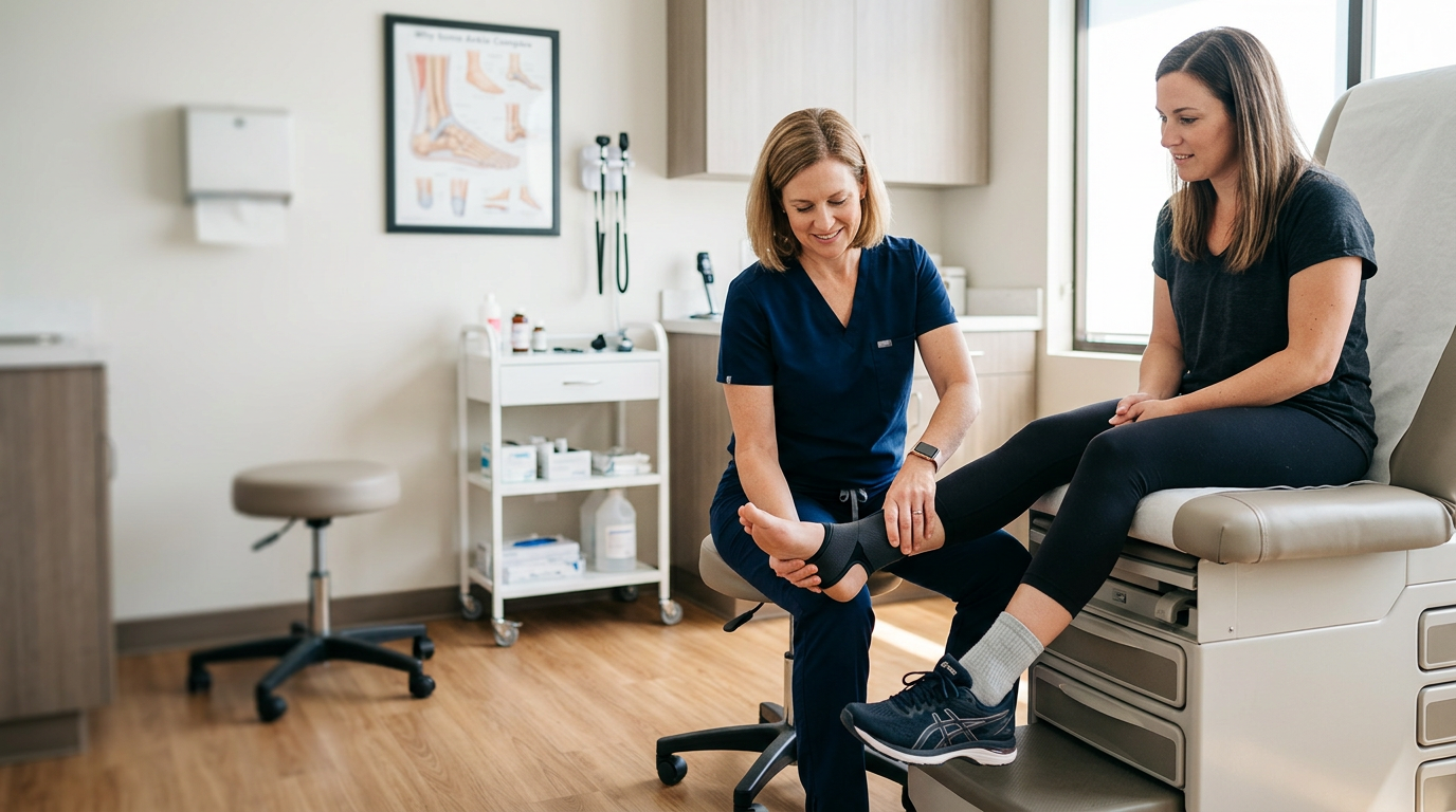 Podiatrist checking ankle movement after an ankle sprain