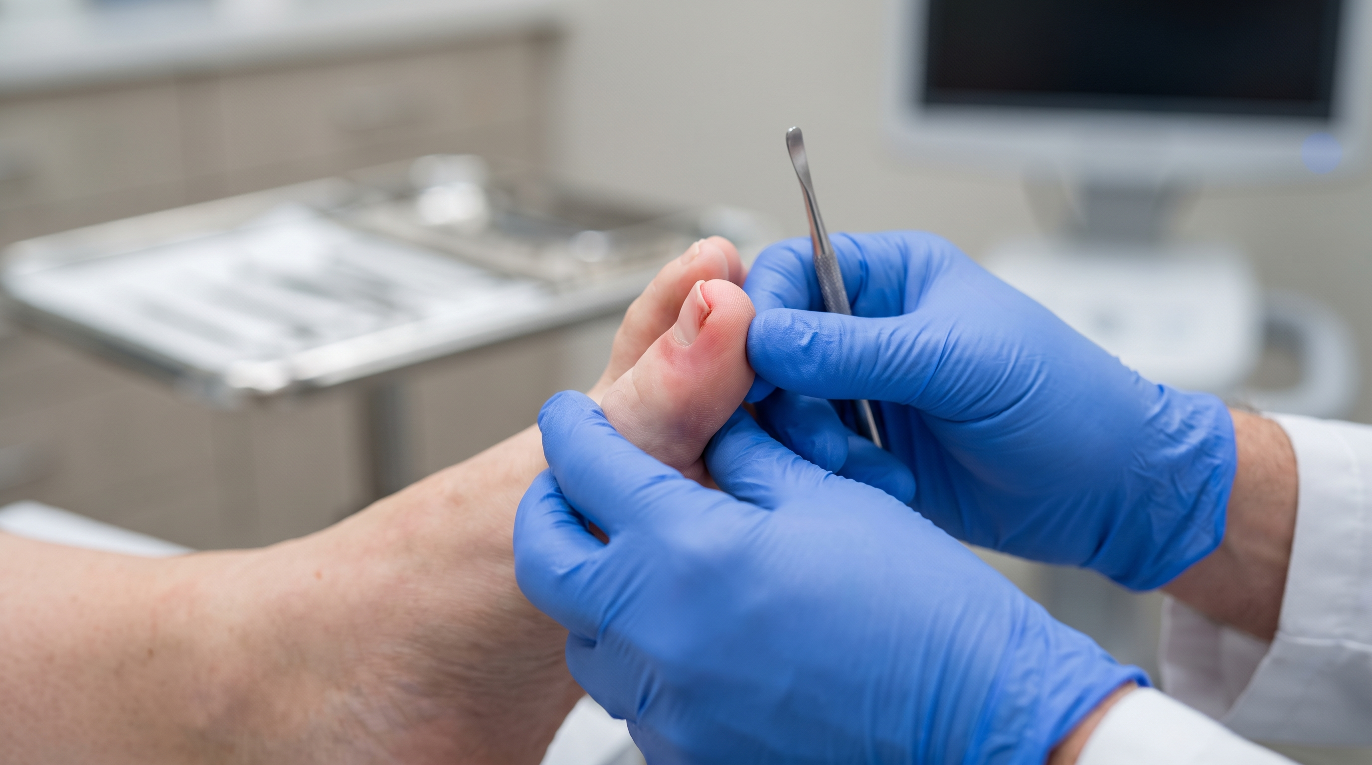 Podiatrist examining an ingrown toenail in a clinic